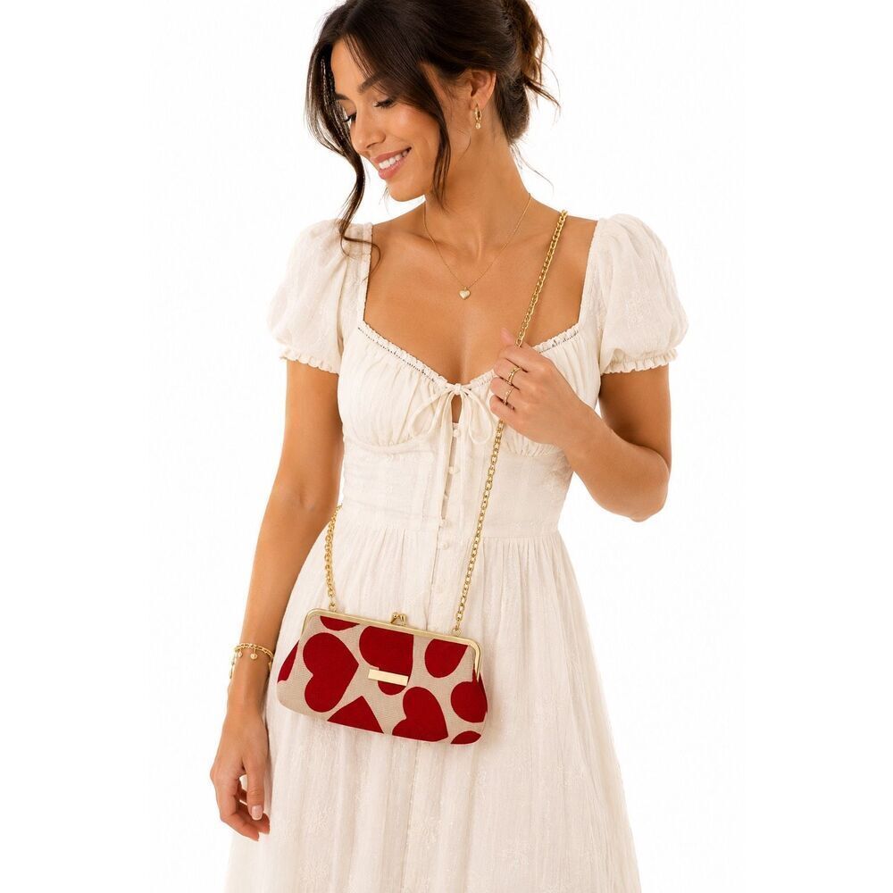 Heart Print Kiss Lock Clutch Crossbody Bag Red Cream Gold Chain Canvas Romantic